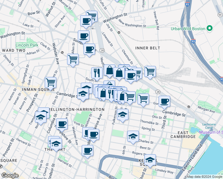 map of restaurants, bars, coffee shops, grocery stores, and more near 5 Porter Street in Cambridge