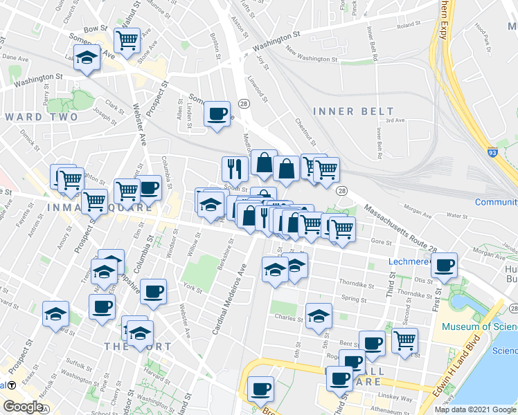 map of restaurants, bars, coffee shops, grocery stores, and more near 5 Porter Street in Cambridge