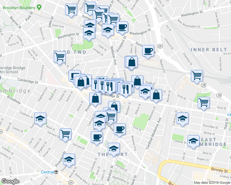map of restaurants, bars, coffee shops, grocery stores, and more near 299 Elm Street in Cambridge