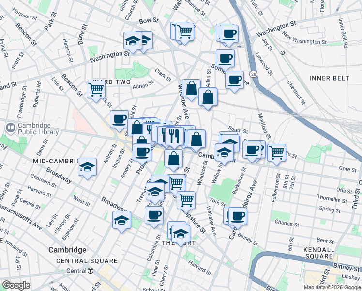 map of restaurants, bars, coffee shops, grocery stores, and more near 299 Elm Street in Cambridge