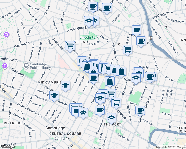 map of restaurants, bars, coffee shops, grocery stores, and more near in Cambridge