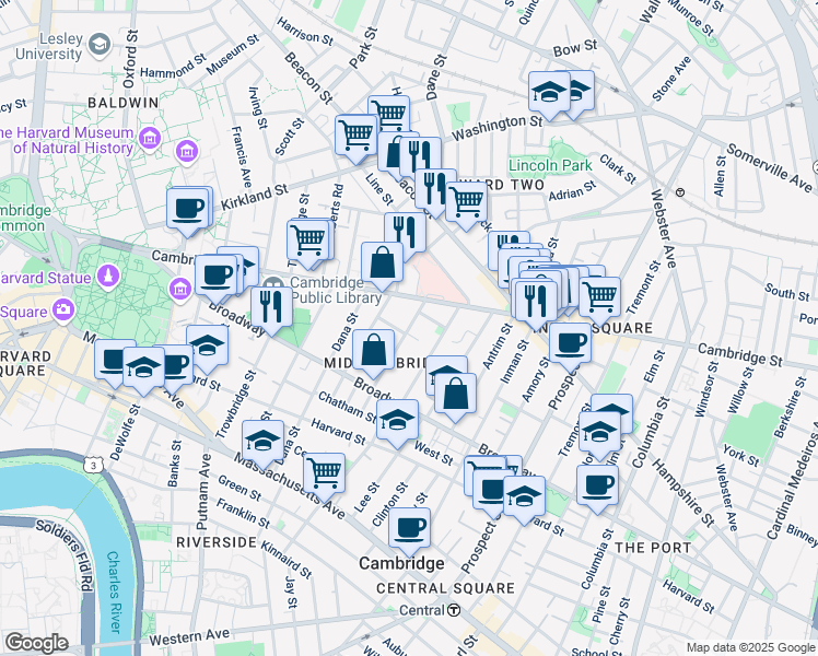 map of restaurants, bars, coffee shops, grocery stores, and more near 13 Greenough Avenue in Cambridge