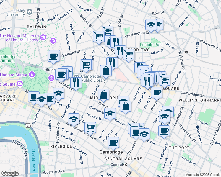 map of restaurants, bars, coffee shops, grocery stores, and more near 13 Greenough Avenue in Cambridge