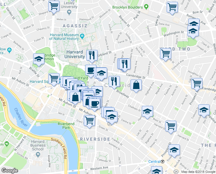 map of restaurants, bars, coffee shops, grocery stores, and more near 459 Broadway in Cambridge