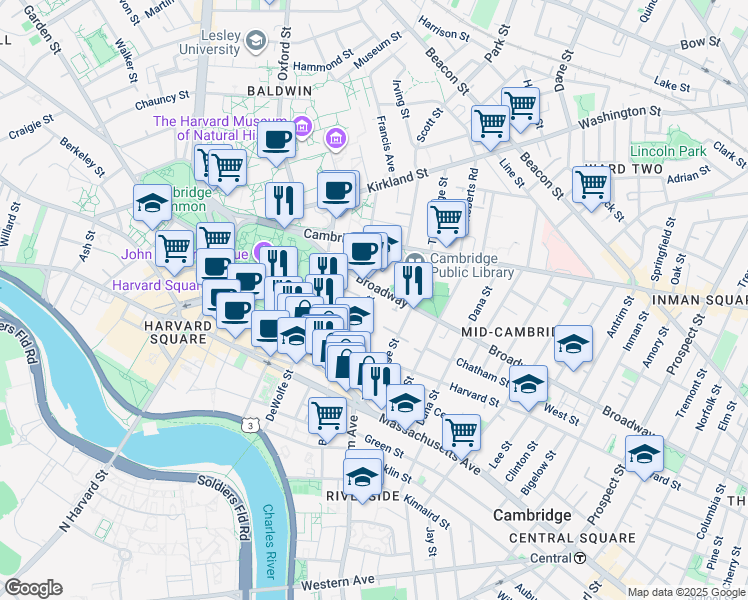map of restaurants, bars, coffee shops, grocery stores, and more near 459 Broadway in Cambridge