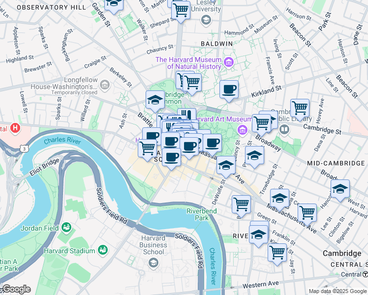 map of restaurants, bars, coffee shops, grocery stores, and more near 4 Brattle Square in Cambridge