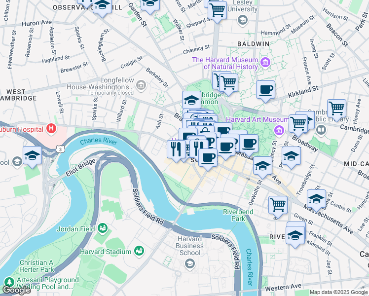 map of restaurants, bars, coffee shops, grocery stores, and more near 1 Mifflin Place in Cambridge