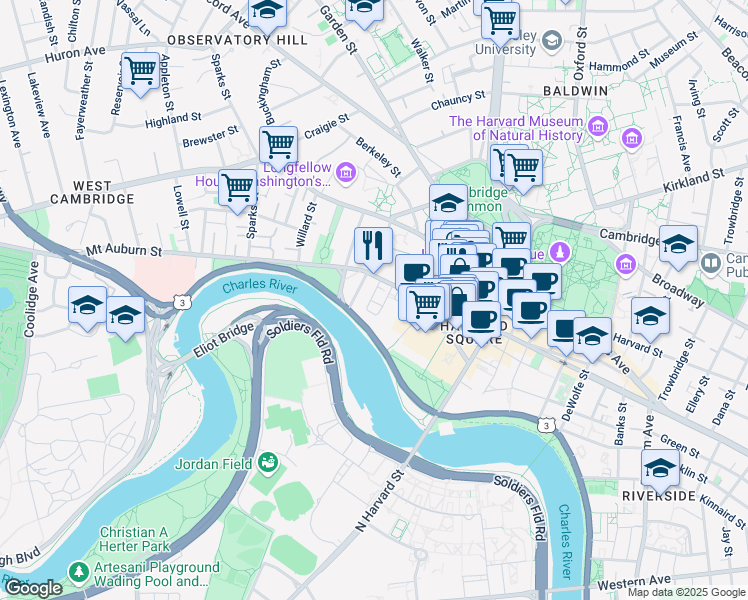 map of restaurants, bars, coffee shops, grocery stores, and more near 10 Brewer Street in Cambridge