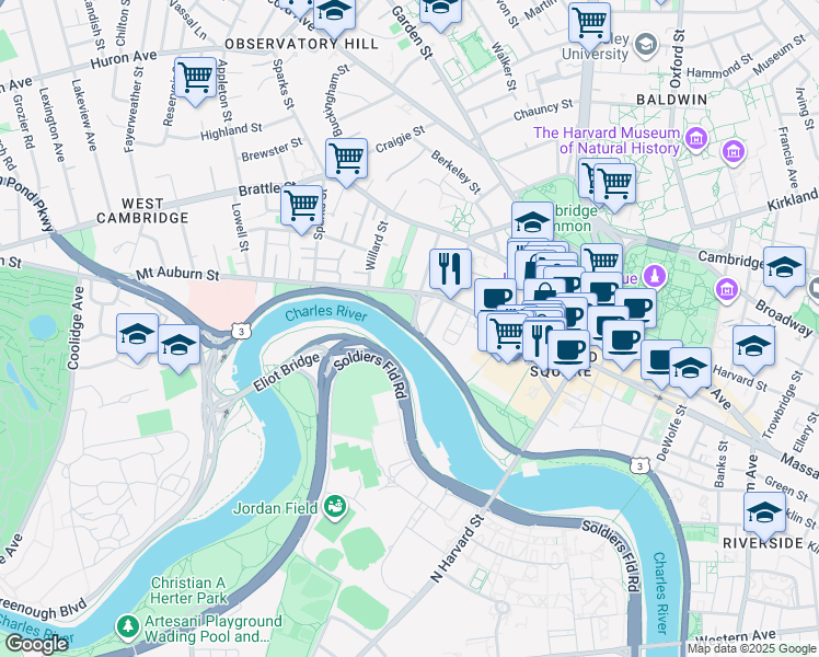 map of restaurants, bars, coffee shops, grocery stores, and more near 1001 Memorial Drive in Cambridge