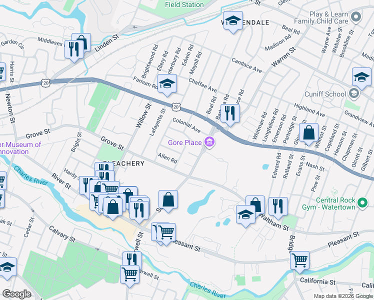 map of restaurants, bars, coffee shops, grocery stores, and more near 19 Aberdeen Avenue in Waltham