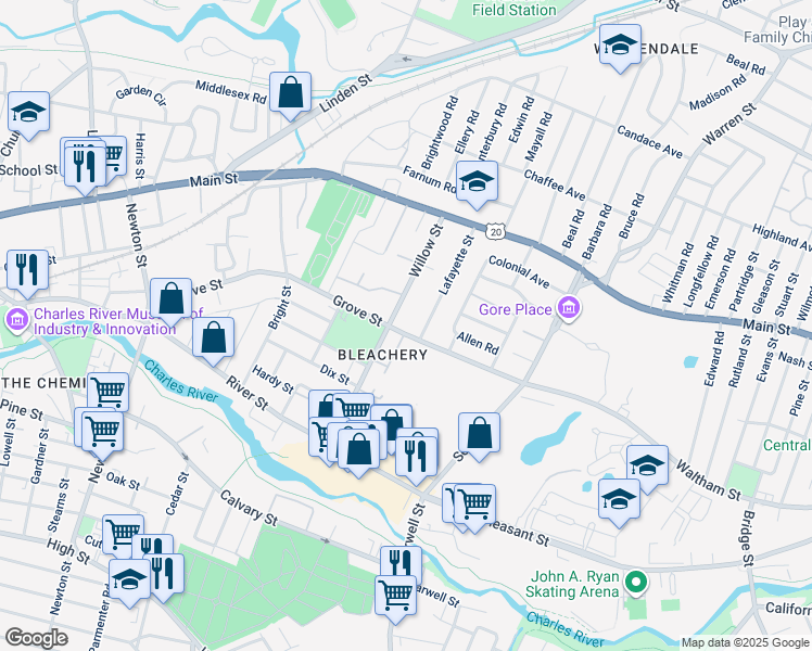 map of restaurants, bars, coffee shops, grocery stores, and more near 100 Willow Street in Waltham