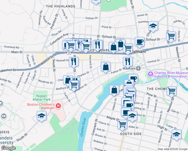 map of restaurants, bars, coffee shops, grocery stores, and more near 23 Williams Street in Waltham