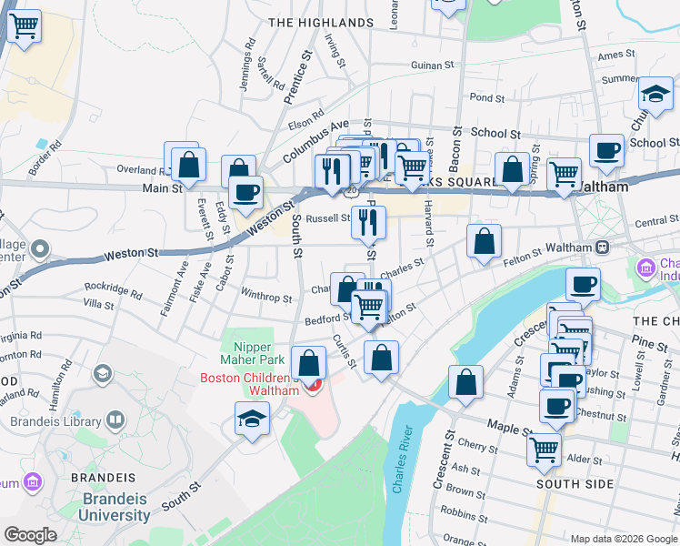 map of restaurants, bars, coffee shops, grocery stores, and more near 5 Charles Street Avenue in Waltham