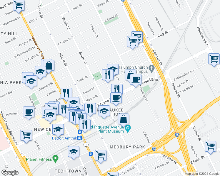 map of restaurants, bars, coffee shops, grocery stores, and more near 7431 Beaubien Boulevard in Detroit
