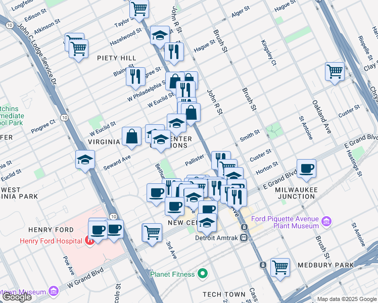 map of restaurants, bars, coffee shops, grocery stores, and more near 901 Pallister in Detroit
