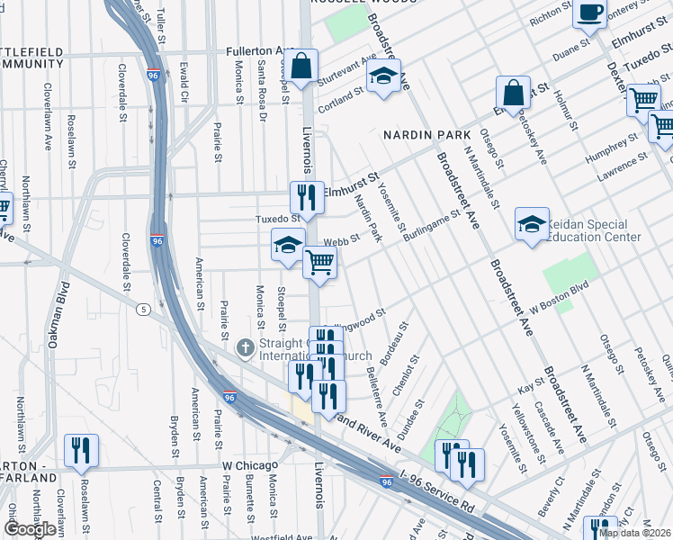 map of restaurants, bars, coffee shops, grocery stores, and more near 11441 Belleterre Avenue in Detroit