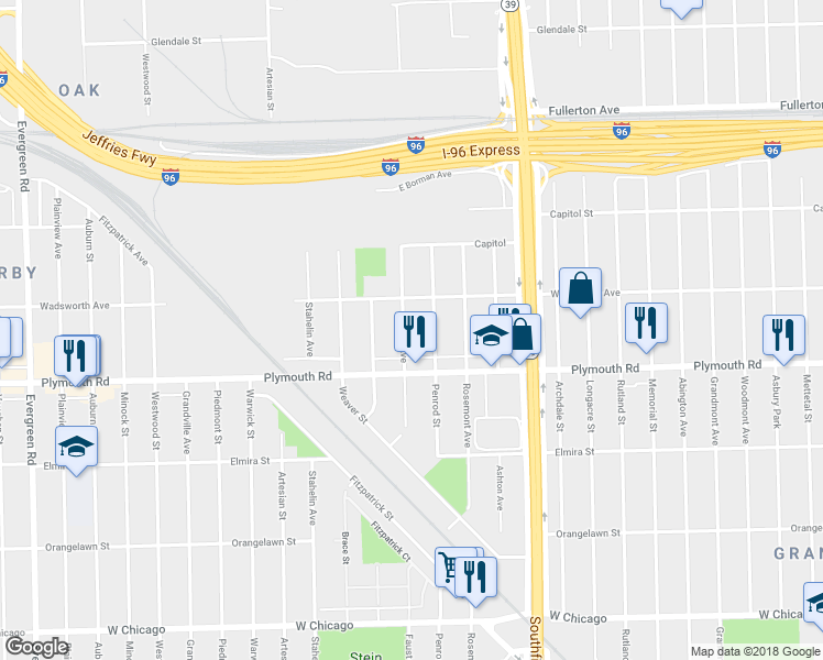 map of restaurants, bars, coffee shops, grocery stores, and more near 11682 Faust Avenue in Detroit