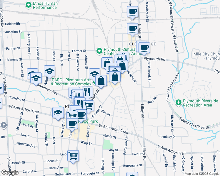 map of restaurants, bars, coffee shops, grocery stores, and more near 232 North Union Street in Plymouth