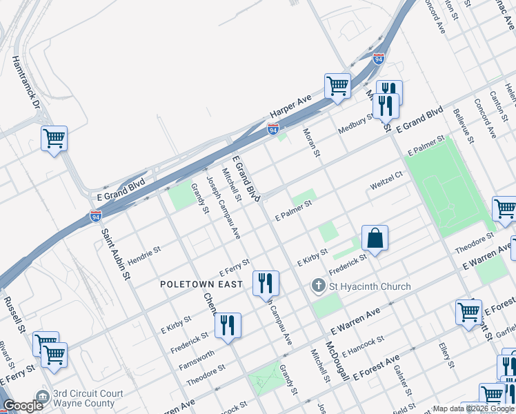 map of restaurants, bars, coffee shops, grocery stores, and more near 5761 McDougall Street in Detroit