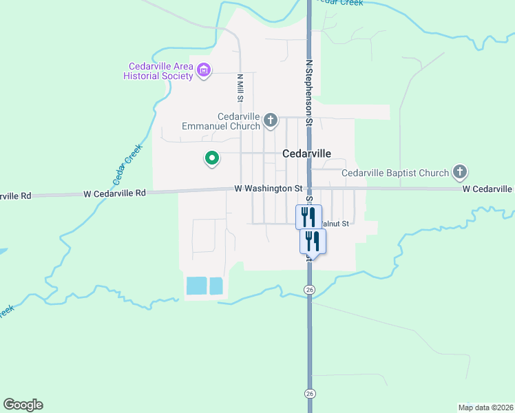 map of restaurants, bars, coffee shops, grocery stores, and more near 45 South Cedar in Cedarville