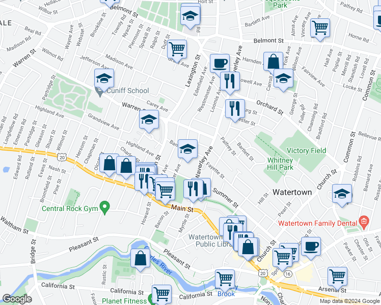 map of restaurants, bars, coffee shops, grocery stores, and more near 26 Bancroft Street in Watertown