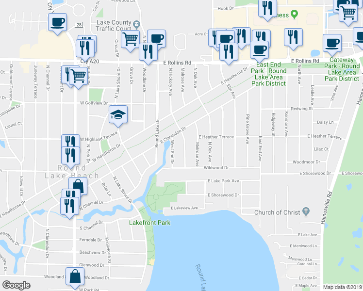 map of restaurants, bars, coffee shops, grocery stores, and more near 1402 North Hickory Avenue in Round Lake Beach
