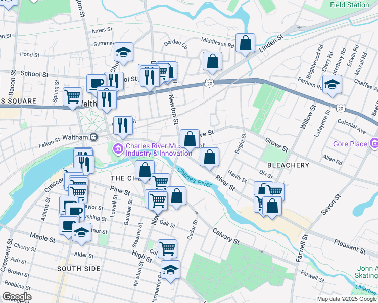 map of restaurants, bars, coffee shops, grocery stores, and more near 309 River Street in Waltham