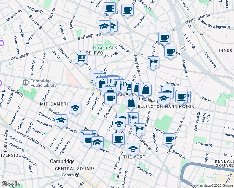 map of restaurants, bars, coffee shops, grocery stores, and more near in Cambridge