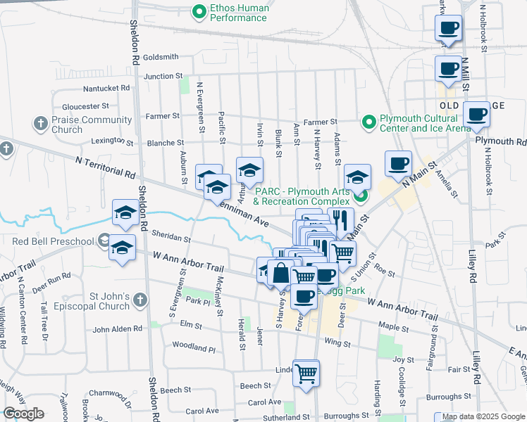 map of restaurants, bars, coffee shops, grocery stores, and more near 1062 Church Street in Plymouth