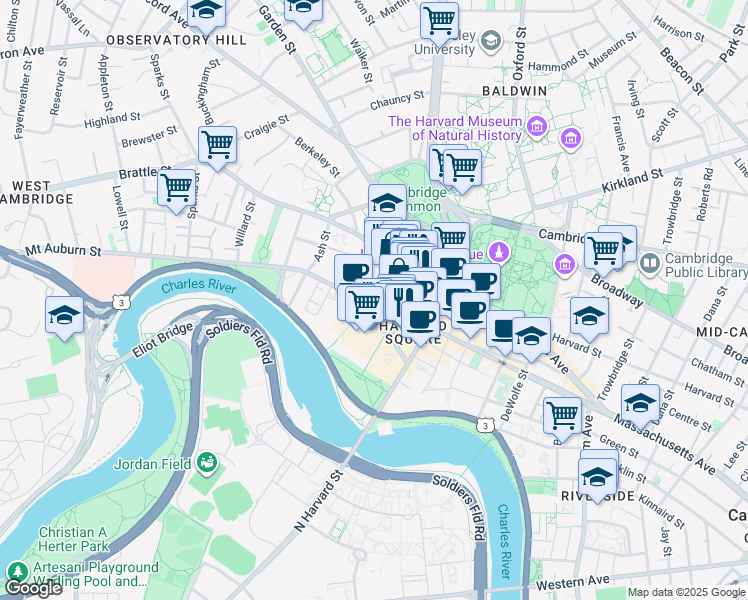 map of restaurants, bars, coffee shops, grocery stores, and more near 119 Mifflin Place in Cambridge