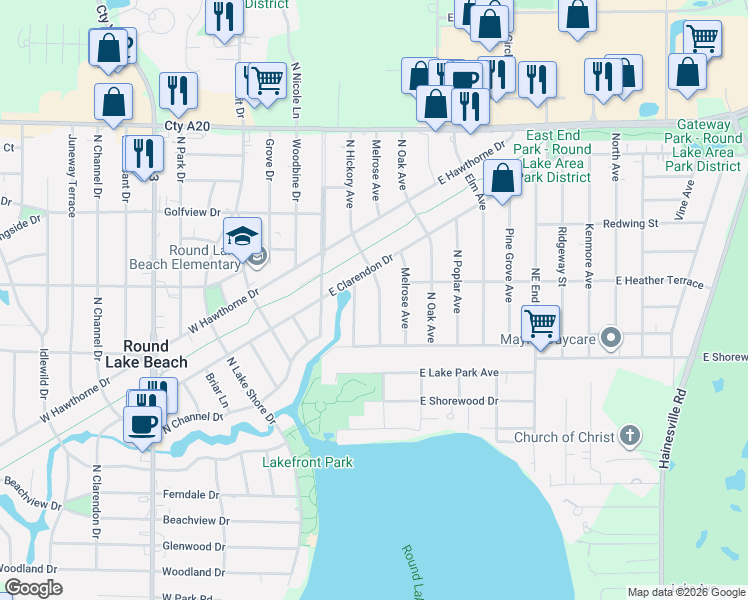 map of restaurants, bars, coffee shops, grocery stores, and more near 1402 North Hickory Avenue in Round Lake Beach