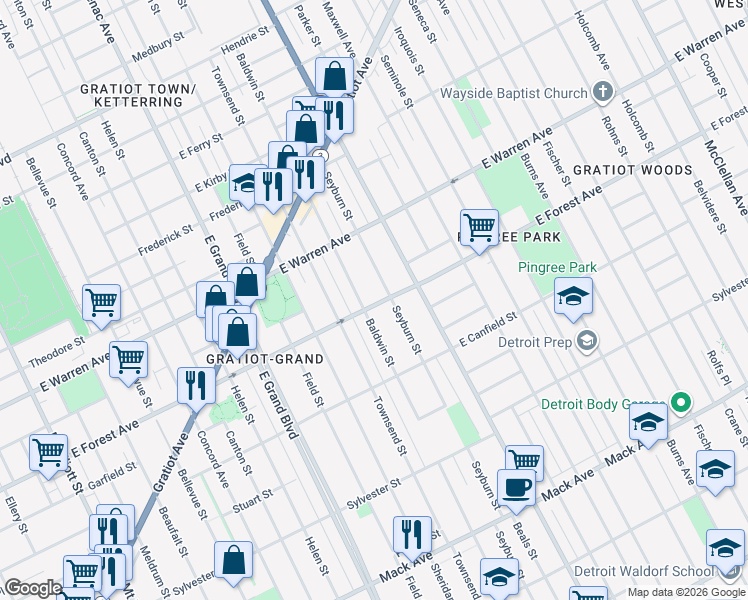 map of restaurants, bars, coffee shops, grocery stores, and more near 7723 East Forest Avenue in Detroit