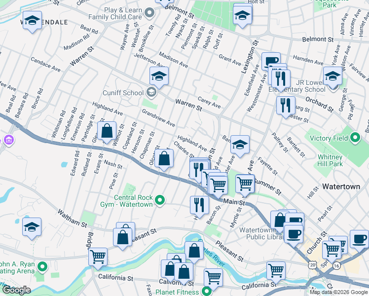 map of restaurants, bars, coffee shops, grocery stores, and more near 33 Charles Street in Watertown