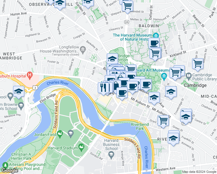 map of restaurants, bars, coffee shops, grocery stores, and more near 119 Mifflin Place in Cambridge