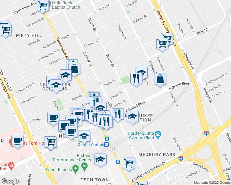 map of restaurants, bars, coffee shops, grocery stores, and more near 266 East Bethune Avenue in Detroit