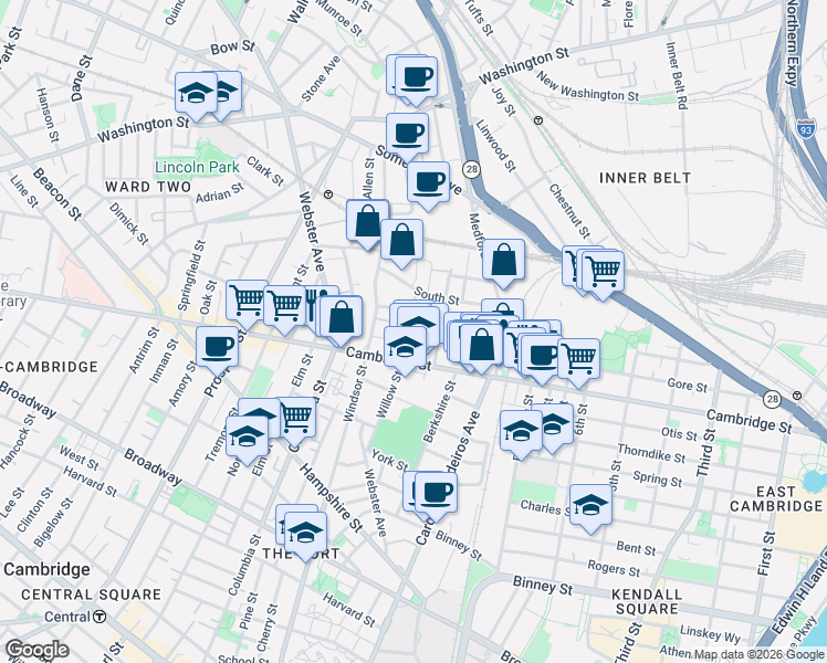 map of restaurants, bars, coffee shops, grocery stores, and more near 145 Willow Street in Cambridge
