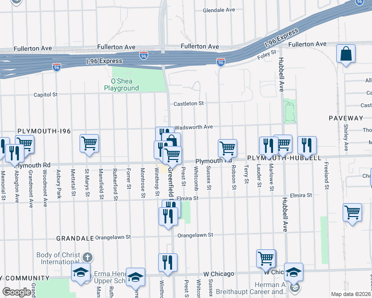 map of restaurants, bars, coffee shops, grocery stores, and more near 11652 Prest Street in Detroit