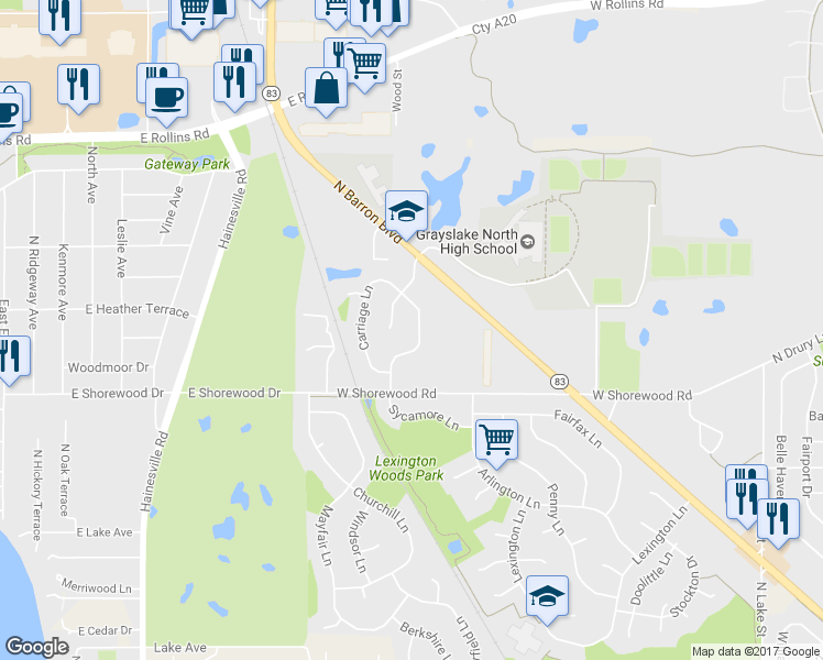 map of restaurants, bars, coffee shops, grocery stores, and more near 1389 Regency Ln in Lake Villa