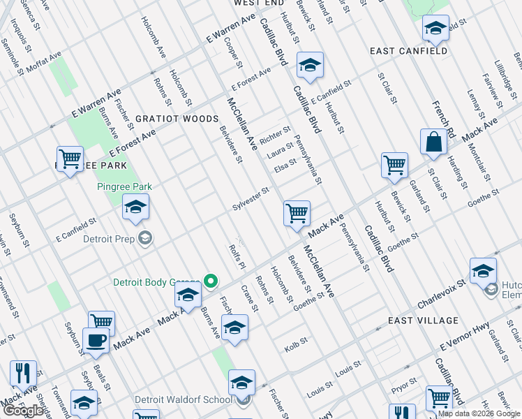 map of restaurants, bars, coffee shops, grocery stores, and more near 3855 Belvidere Street in Detroit