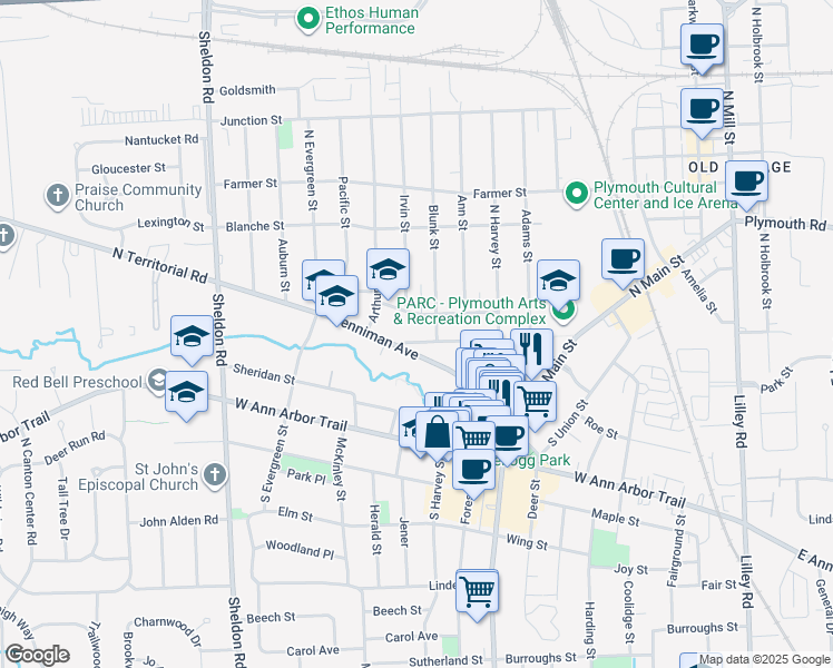 map of restaurants, bars, coffee shops, grocery stores, and more near 1062 Church Street in Plymouth