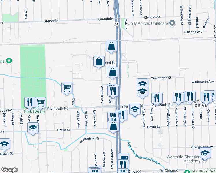map of restaurants, bars, coffee shops, grocery stores, and more near 11745 Woodbine Avenue in Wayne County