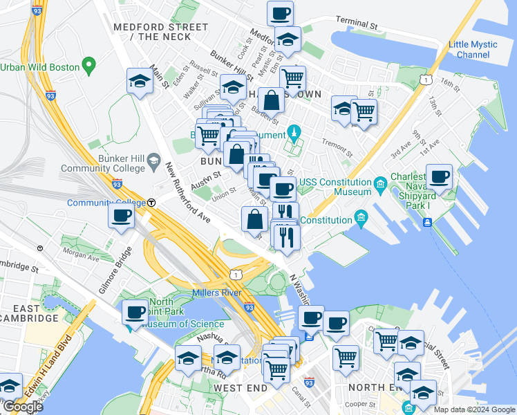 map of restaurants, bars, coffee shops, grocery stores, and more near 47 Harvard Street in Boston
