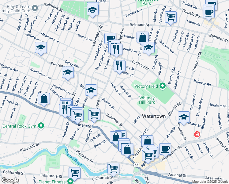 map of restaurants, bars, coffee shops, grocery stores, and more near 113 Forest Street in Watertown