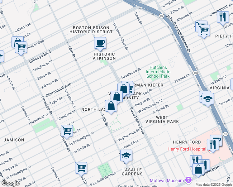 map of restaurants, bars, coffee shops, grocery stores, and more near 1941 Gladstone Street in Detroit