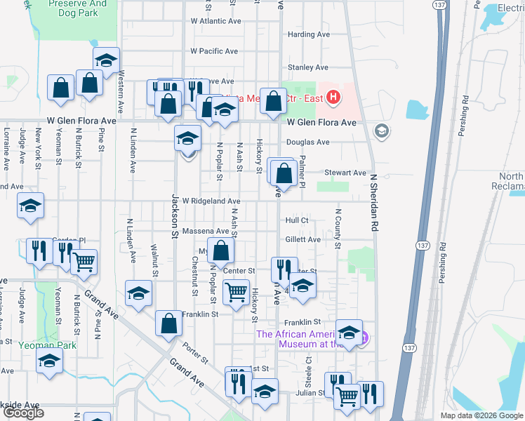 map of restaurants, bars, coffee shops, grocery stores, and more near 925 Hickory Street in Waukegan