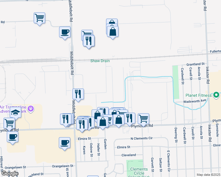 map of restaurants, bars, coffee shops, grocery stores, and more near 12215 Camden Street in Livonia
