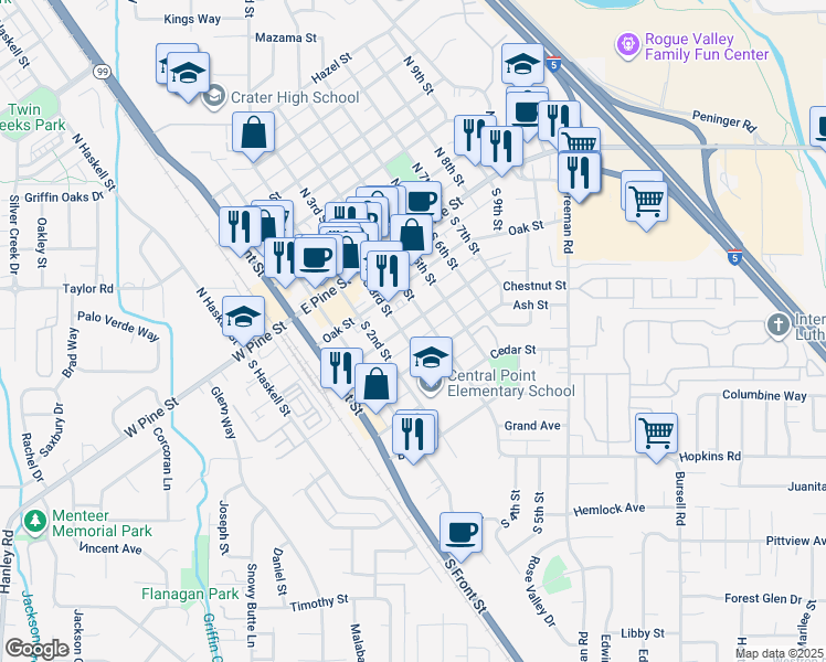 map of restaurants, bars, coffee shops, grocery stores, and more near 234 South 4th Street in Central Point