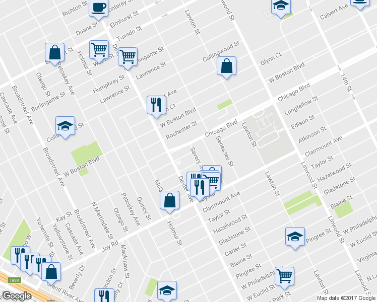 map of restaurants, bars, coffee shops, grocery stores, and more near 3421 Chicago Boulevard in Detroit