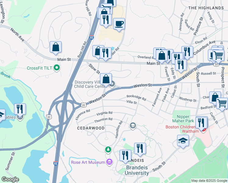 map of restaurants, bars, coffee shops, grocery stores, and more near 284 U.S. 20 in Waltham