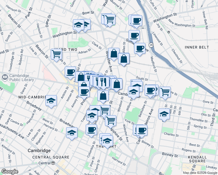 map of restaurants, bars, coffee shops, grocery stores, and more near 301 Elm Street in Cambridge